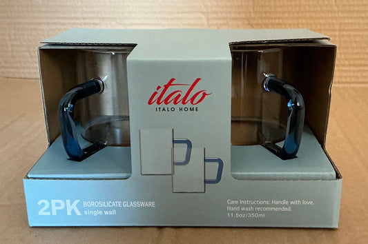 S/2 BOROSILICATE 11.5 OZ GLASS MUGS WITH BLUE HANDLES