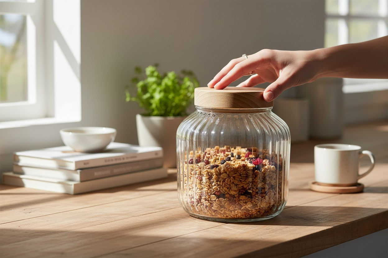 98 oz RIBBED JAR W/ NATURAL COLOR WOOD LID