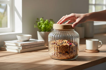 98 oz RIBBED JAR W/ NATURAL COLOR WOOD LID