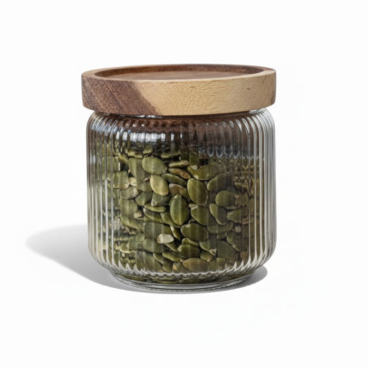 13.5 oz BOROSILICATE JAR W/ INTERIOR RIBBING  & ACACIA WOOD LID