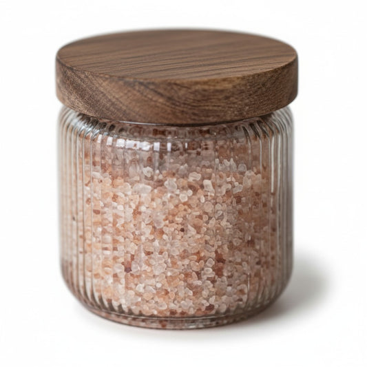 23.6 OZ BOROSILICATE JAR W/ INTERIOR RIBBING & ACACIA WOOD LID