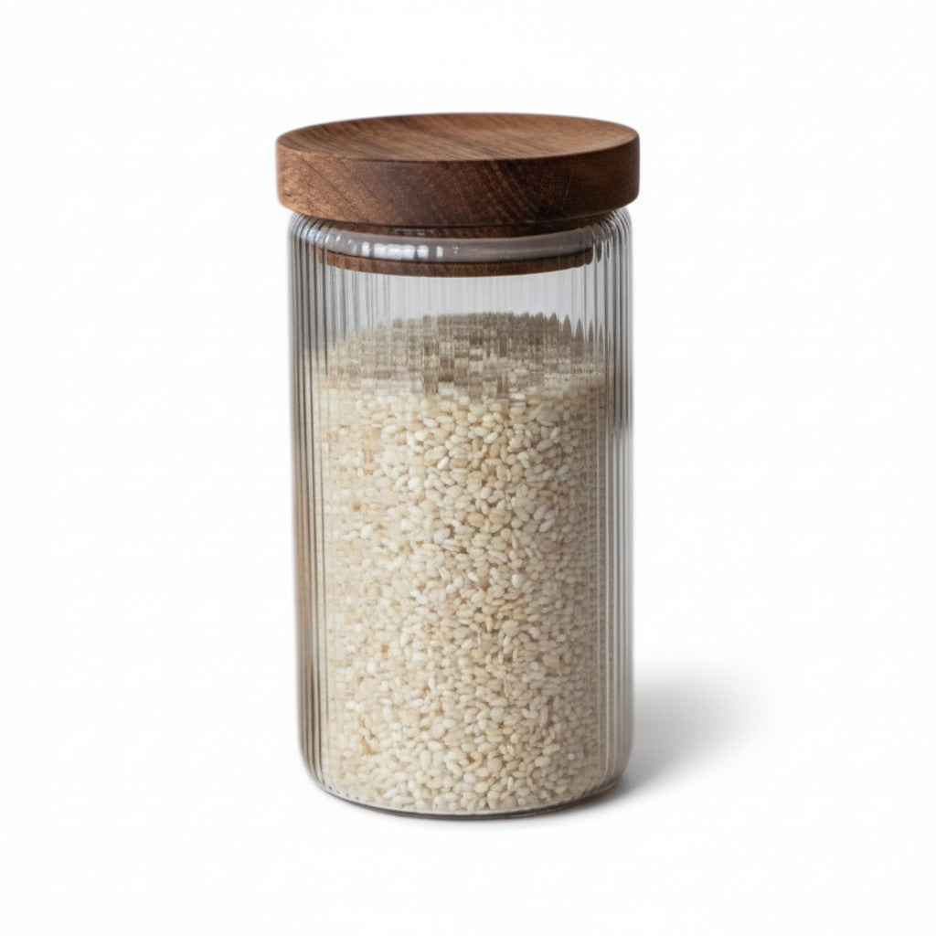 37 OZ BOROSILICATE JAR W/ INTERIOR RIBBING & ACACIA WOOD LID