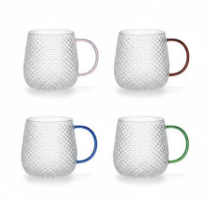 SET OF 4 14 OZ BOROSILICATE BUBBLE GLASS MUG WITH MULTI-COLORED HANDLE