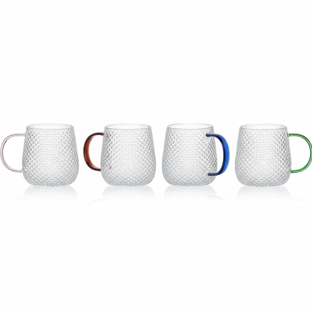 SET OF 4 14 OZ BOROSILICATE BUBBLE GLASS MUG WITH MULTI-COLORED HANDLE