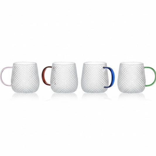 SET OF 4 14 OZ BOROSILICATE BUBBLE GLASS MUG WITH MULTI-COLORED HANDLE