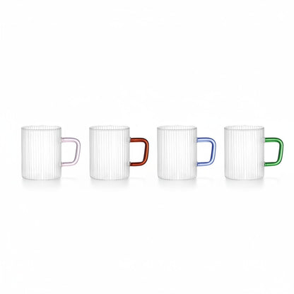 SET OF 4 13.5 OZ BOROSILICATE RIBBED GLASS MUG WITH MULTI-COLORED HANDLE