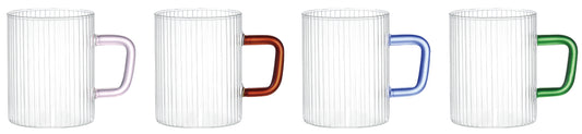 SET OF 4 13.5 OZ BOROSILICATE RIBBED GLASS MUG WITH MULTI-COLORED HANDLE