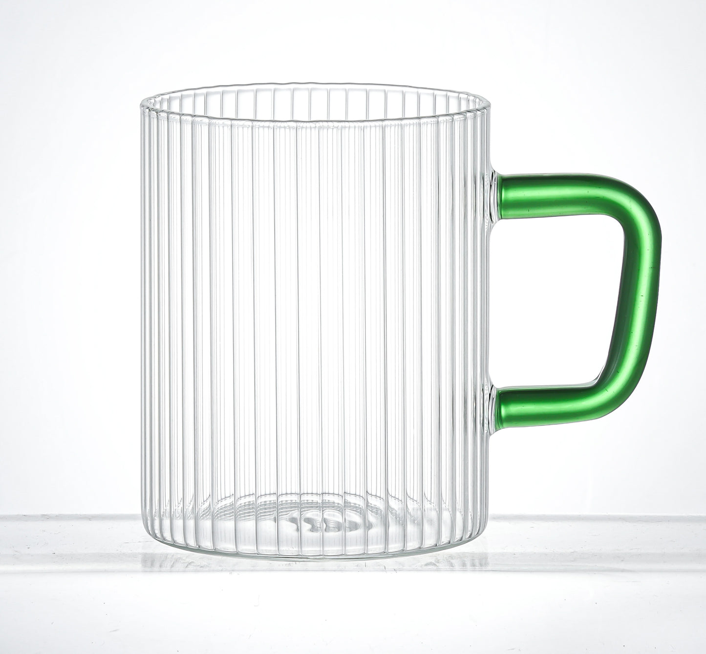 Set of 2 13.5 oz Borosilicate Ribbed Glass Mug with Green Handle