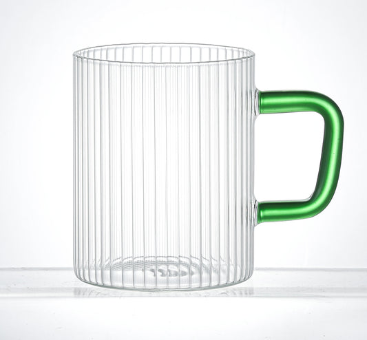 Set of 2 13.5 oz Borosilicate Ribbed Glass Mug with Green Handle