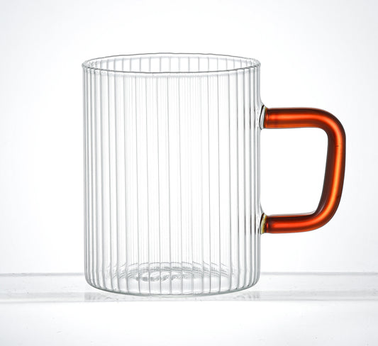 Set of 2 13.5 oz Borosilicate Ribbed Glass Mug with Amber Handle