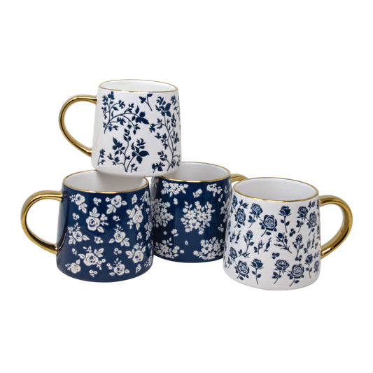 14 oz Blue/White Floral Mugs W/Gold Handle A/4