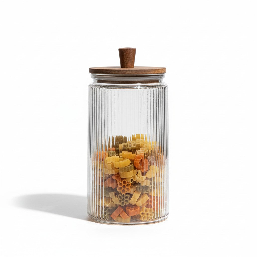 60.8 OZ VERTICAL RIBBED W/ ACACIA WOOD LID