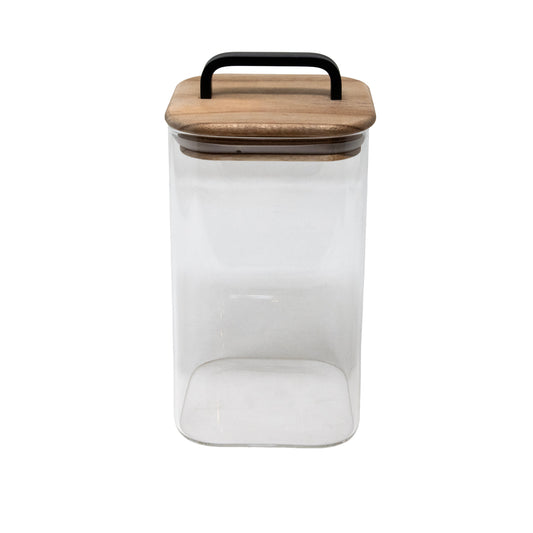 37 OZ BOROSILICATE SQ JAR W/ ACACIA WOOD LID W/ BLACK METAL HANDLE