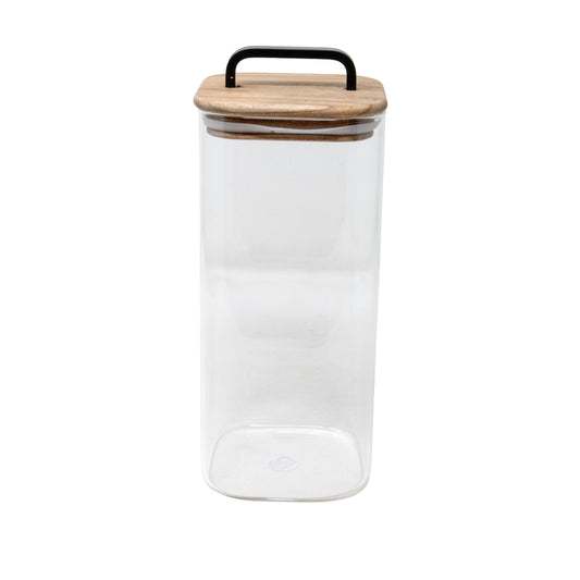 54 OZ BOROSILICATE SQ JAR W/ ACACIA WOOD LID W/ BLACK METAL HANDLE