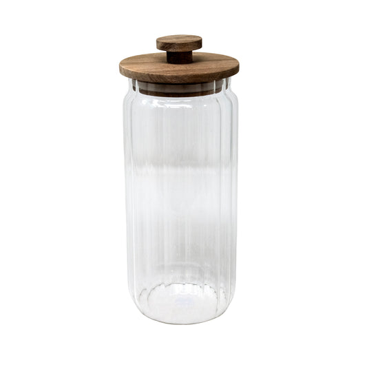 33.8 OZ WIDE RIBBED BOROSILICATE JAR W/ACACIA LID & KNOB