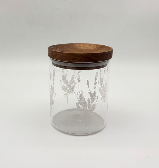 23.6 OZ BOROSILICATE JAR W/ LAVENDER ETCHING & DARK ACACIA WOOD LID