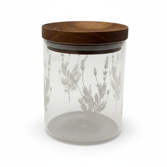 23.6 OZ BOROSILICATE JAR W/ LAVENDER ETCHING & DARK ACACIA WOOD LID