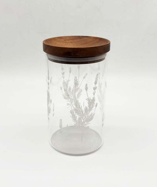 33.8 OZ BOROSILICATE GLASS JAR W/ LAVENDER ETCHING  & DARK ACACIA WOOD LID
