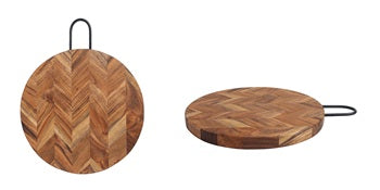 ACACIA WOOD 12" ROUND CHEVRON BOARD WITH HANDLE
