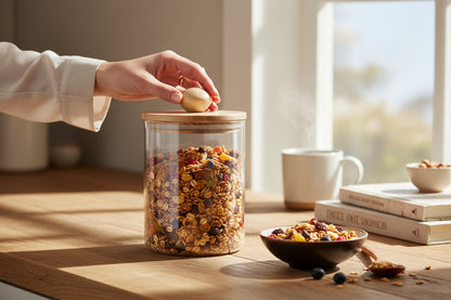 BOROSILICATE 23 OZ GLASS JAR W/ WOOD LID AND KNOB