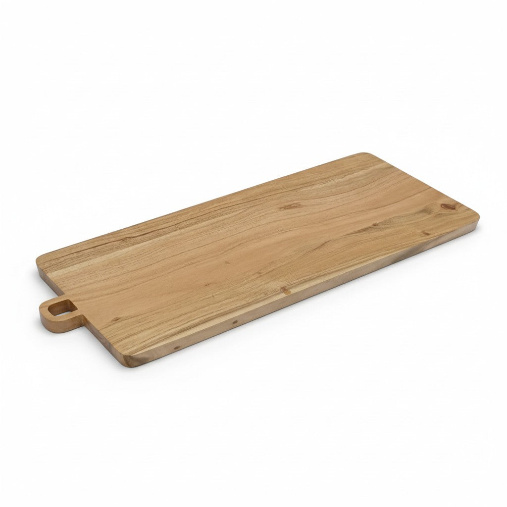 ACACIA WOOD 32.75" X 10" RECTANGULAR SERVING BOARD WITH HANDLE AND SQUARE FEET